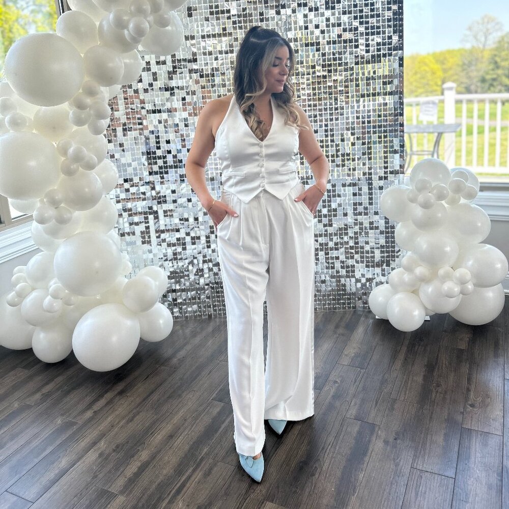 Amanda Uprichard Isadore Satin Trim Wide Leg Halter Jumpsuit - IVORY